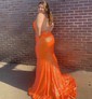 Sheath/Column V-neck Sparkly Sequin Backless Prom Dresses With Appliques