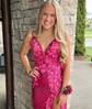Sheath/Column V-neck Sparkly Sequin Backless Prom Dresses With Appliques