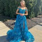 Ball Gown Off-the-shoulder Tulle Tiered Prom Dresses With Appliques