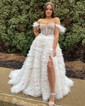 Ball Gown Off-the-shoulder Tulle Tiered Prom Dresses With Feather