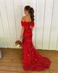 Mermaid Off-the-shoulder Lace Prom Dresses With Feather
