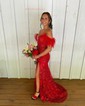 Mermaid Off-the-shoulder Lace Prom Dresses With Feather