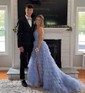 Ball Gown One Shoulder Tulle Ruffle Tiered Prom Dresses With Lace