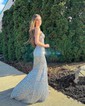 Mermaid V-neck Sparkly Velvet Sequin Prom Dresses With Beading