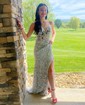 Mermaid V-neck Sparkly Velvet Sequin Prom Dresses With Beading