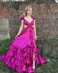 A-line V-neck Satin Cut Out Ruffle Tiered Prom Dresses