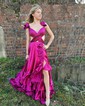 A-line V-neck Satin Cut Out Ruffle Tiered Prom Dresses