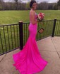 Mermaid V-neck Jersey Backless Beaded Prom Dresses