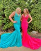 Mermaid V-neck Jersey Backless Beaded Prom Dresses