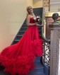 Ball Gown Strapless Tulle Ruffle Tiered Prom Dresses With Appliques