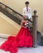 Ball Gown Strapless Tulle Ruffle Tiered Prom Dresses With Appliques