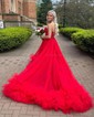 Ball Gown Strapless Tulle Ruffle Tiered Prom Dresses With Appliques