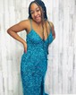 Sheath/Column V-neck Sparkly Sequin Prom Dresses With Fringe