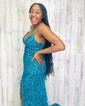 Sheath/Column V-neck Sparkly Sequin Prom Dresses With Fringe