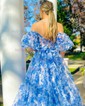 Ball Gown Off-the-shoulder Chiffon Floral Prom Dresses With Puff Sleeve