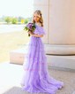 Ball Gown Off-the-shoulder Chiffon Ruffle Prom Dresses With Puff Sleeve