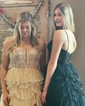 Ball Gown V-neck Tulle Tiered Prom Dresses With Appliques