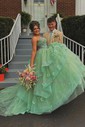 Ball Gown V-neck Tulle Tiered Prom Dresses With Appliques