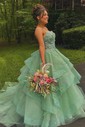 Ball Gown V-neck Tulle Tiered Prom Dresses With Appliques