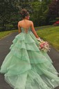 Ball Gown V-neck Tulle Tiered Prom Dresses With Appliques