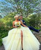 Ball Gown Strapless Tulle Ruffle Tiered Prom Dresses With Appliques