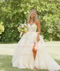 Ball Gown Strapless Tulle Ruffle Tiered Prom Dresses With Appliques