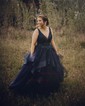 Princess V-neck Tulle Ruffle Prom Dresses With Appliques