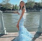 Mermaid Scoop Neck Lace Sparkly Prom Dresses With Appliques