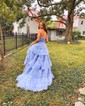 Ball Gown Strapless Tulle Ruffle Tiered Prom Dresses