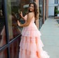 Ball Gown V-neck Glitter Tulle Ruffle Tiered Prom Dresses