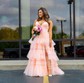 Ball Gown V-neck Glitter Tulle Ruffle Tiered Prom Dresses