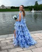 Ball Gown V-neck Floral Tulle Ruffle Tiered Prom Dresses