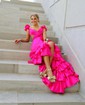 A-line V-neck Cut Out Satin Ruffle Tiered Prom Dresses