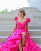 A-line V-neck Cut Out Satin Ruffle Tiered Prom Dresses