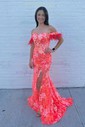 Mermaid Off-the-shoulder Sparkly Sequin Prom Dresses With Feather