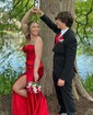 Mermaid Strapless Satin Cut Out Prom Dresses With Ruched