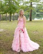 Ball Gown V-neck Tulle Ruffle Tiered Prom Dresses