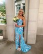 Mermaid Off-the-shoulder Lace Sparkly Prom Dresses With Feathers