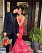 Mermaid V-neck Tulle Cut Out Prom Dresses With Appliques