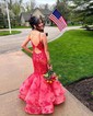 Mermaid V-neck Tulle Cut Out Prom Dresses With Appliques