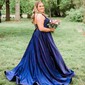 Red Ball Gown V-neck Satin Beaded Prom Dresses With Ruched