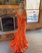 Mermaid Off-the-shoulder Sparkly Sequin Prom Dresses With Feather
