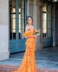 Mermaid Off-the-shoulder Sparkly Sequin Prom Dresses With Feather