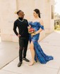 Mermaid Off-the-shoulder Lace Sparkly Prom Dresses With Feathers