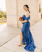 Mermaid Off-the-shoulder Lace Sparkly Prom Dresses With Feathers