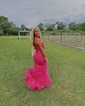 Trumpet/Mermaid Square Neckline Tulle Sweep Train Prom Dresses With Appliques Lace