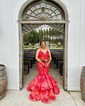 Mermaid V-neck Tulle Cut Out Prom Dresses With Appliques