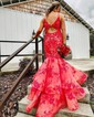 Mermaid V-neck Tulle Cut Out Prom Dresses With Appliques
