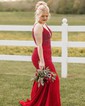 Mermaid V-neck Jersey Cut Out Beaded Prom Dresses