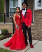 Mermaid V-neck Glitter Tulle Prom Dresses With Appliques